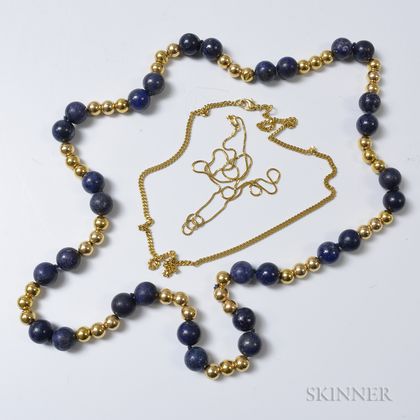 Two 14kt Gold Chains and a Lapis and Gold Bead Necklace