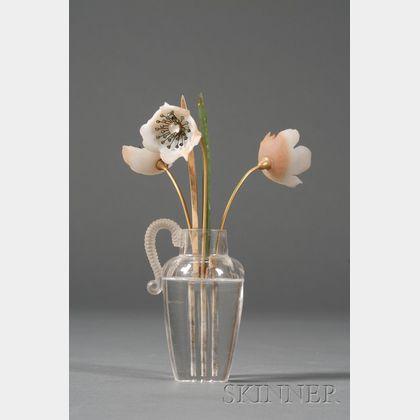 Russian Hardstone, Rock Crystal, and Yellow Gold Model of Vase of Flowers
