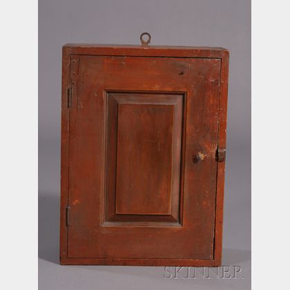 Red-painted Pine Paneled Wall Cupboard