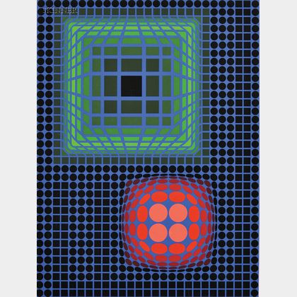 Victor Vasarely (French/Hungarian, 1906-1997) Untitled (Green and Red on Blue)