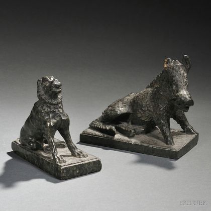 Two Grand Tour Green Serpentine Marble Figures of the Dog of Alcibiades and Il Porcellino