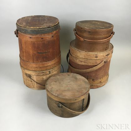 Three Bentwood Handled Boxes and Two Buckets