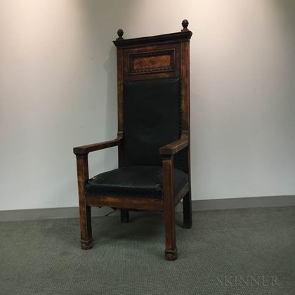 Carved and Leather-upholstered Oak Armchair