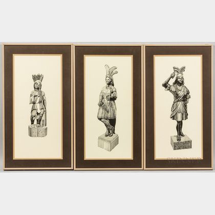 Three Lithographs of 19th Century Tobacconist Indian Figures and a Modern Carved Countertop Figure