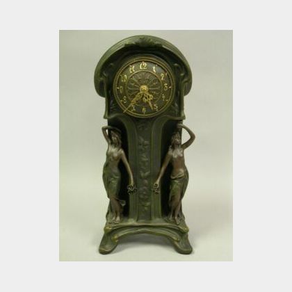 Art Nouveau Patinated Metal Mantel Clock. 