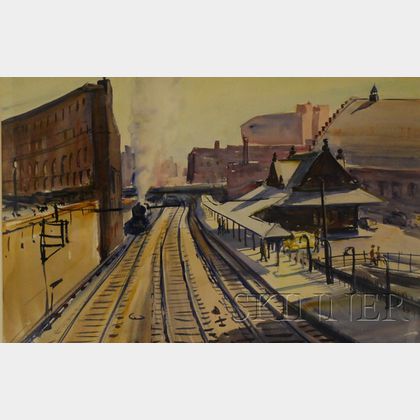 Charles Peter Demetropoulos (Greek/American, 1912-1976) View of Trinity Place Railroad Station, Back Bay, Boston, c.1950s