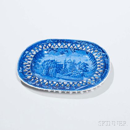 Staffordshire Historical Blue Transfer-decorated East View of La Grange, The Residence of the Marquis Lafayette, Reticulated Rim Tray