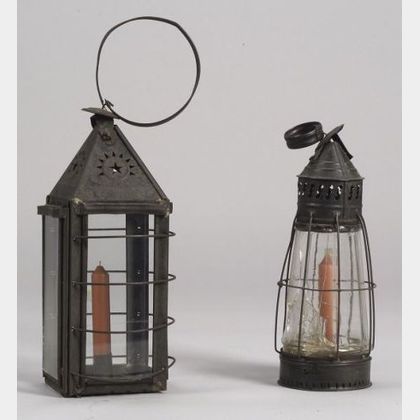 Two Tin and Glass Hanging Lanterns