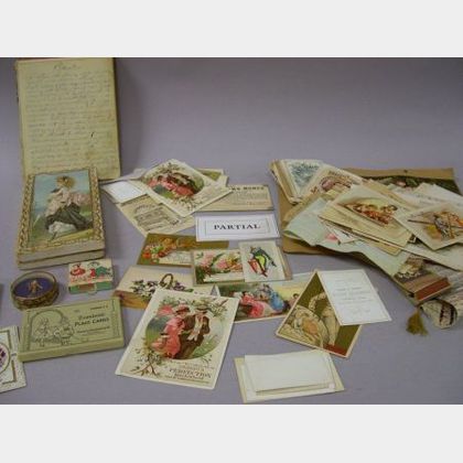 Collection of Calling Cards, Trade Cards, Holiday Cards, Merit Cards, Chromolithograph Items, Small Boxes, and Ephemera. 