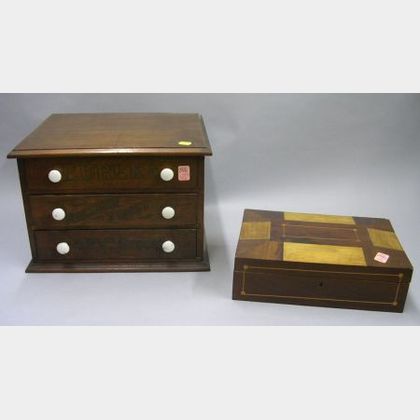 Small Eureka Walnut Three-Drawer Retail Spool Chest and an Inlaid Exotic Wood Veneer Work Box. 