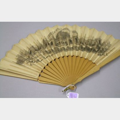 1876 United States Centennial Exhibition Scenic Printed Paper and Wooden Souvenir Hand Fan. 