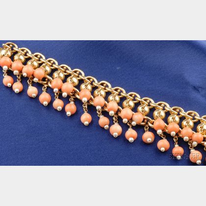 Antique 18kt Gold, Coral Bead, and Seed Pearl Bracelet
