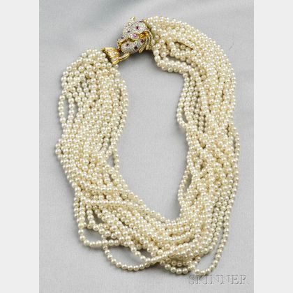 Multi-strand Cultured Pearl and Gem-set Panther Necklace