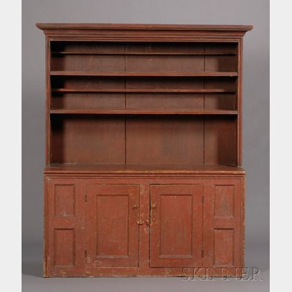 Red-painted Pine Step-back Cupboard