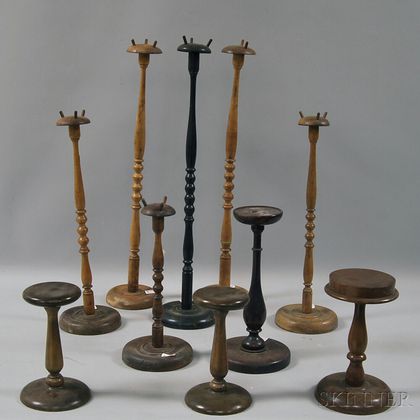 Group of Ten Turned Wooden Wig and Hat Stands