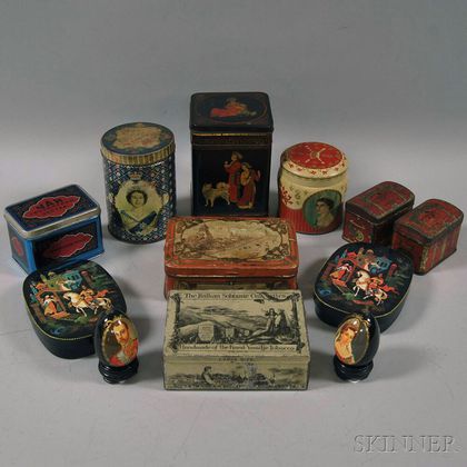 Ten Lithographed Tins and Two Russian Royalty Commemorative Eggs