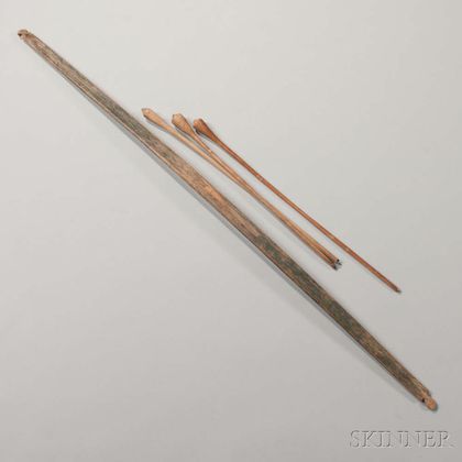 Winnebago (Ho-Chunk) Carved Wood Bow and Three Blunt-tipped Arrows