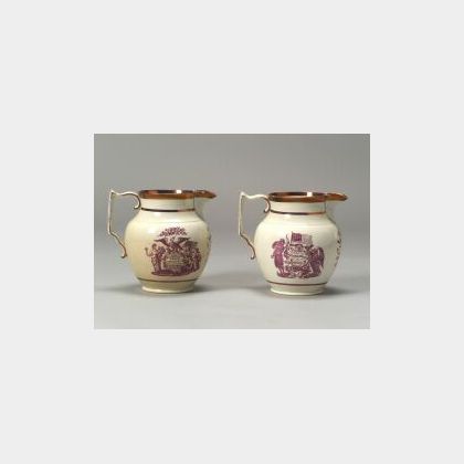 Pair of Puce Transfer Printed and Pink Lustre Pearlware Jugs