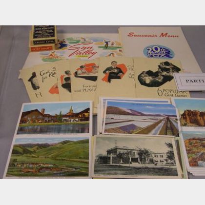 Collection of 1930s-1940s 20th Century Fox Studios Business Convention Railroad and Hotel Menus, Postcards, Card Game Booklets, and Pla