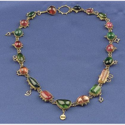 18kt Gold, Pink and Green Tourmaline Necklace, Sharon Blue Jacket, Santa Fe
