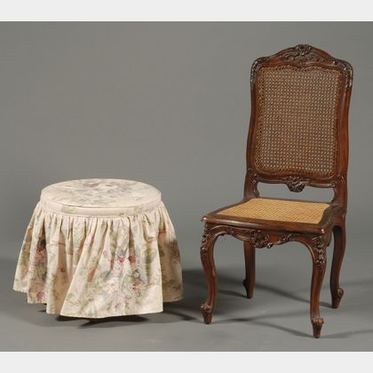 Louis XV Style Carved Walnut and Caned Side Chair and Associated Stool