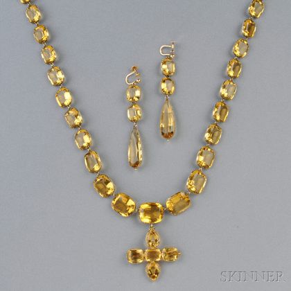 Antique Gold and Citrine Necklace and Earpendants