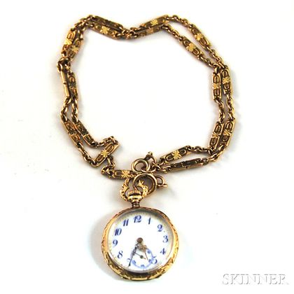 14kt Gold Open Face Pocket Watch and Watch Chain