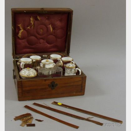German/Austrian Marquetry Decorated and Veneered Cased Eleven-piece Gilt and Grisaille Decorated Porcelain Tea Set