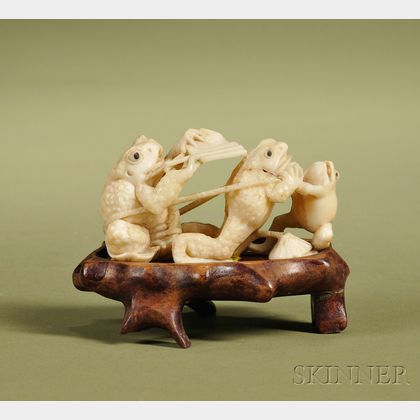 Two Japanese Meiji Period Carved Ivory Animal Okimono
