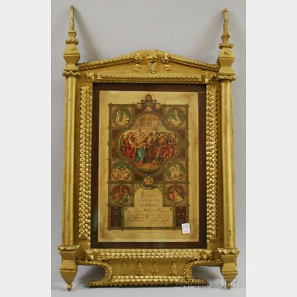 Gold-painted Tramp Art Notch-carved Wooden Framed 1909 Polish/American Catholic Print. 