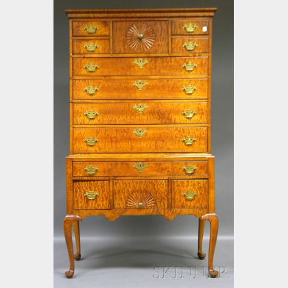 Chippendale-style Carved Tiger Maple Flat-top Highboy