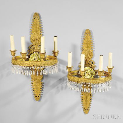 Pair of Empire-style Gilt-bronze and Crystal Wall Sconces