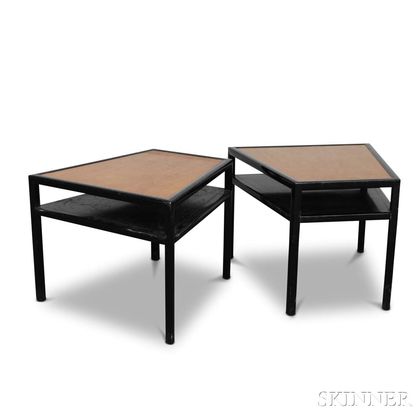 Pair of Baker Lacquered and Mahogany Trapezoidal Tables