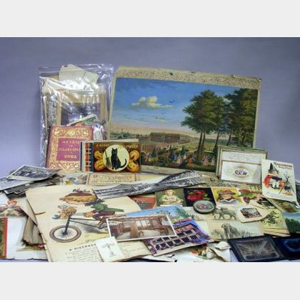 Miscellaneous Lot of Postcards, Valentines, Trade Cards, and Two Glass Advertising Slides