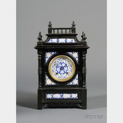 Aesthetic Movement Ebonized and Porcelain Mounted Mantel Clock