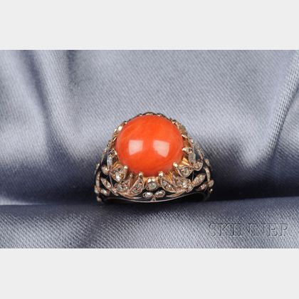 14kt Gold, Coral, Enamel, and Diamond Ring