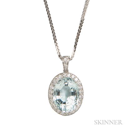 18kt White Gold, Aquamarine, and Diamond Pendant Necklace