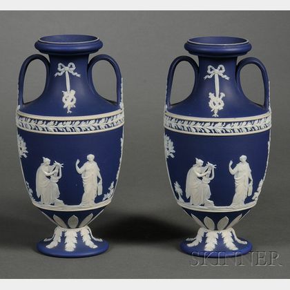 Pair of Wedgwood Dark Blue Jasper Dip Vases