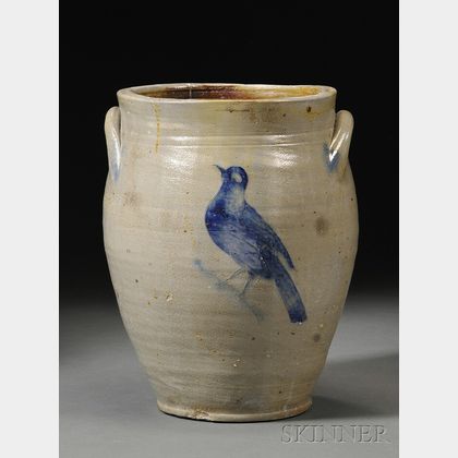 William Capron Stoneware Jar with Incised Cobalt Flower and Bird Decoration