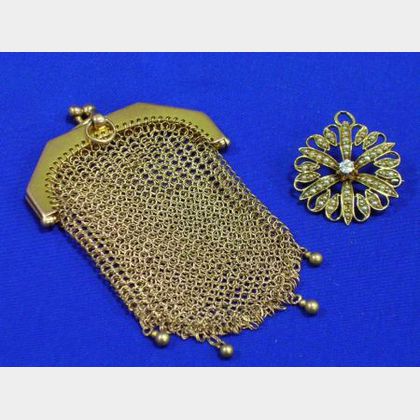14kt Gold, Seed Pearl and Diamond Pin and a Gold Mesh Purse. 