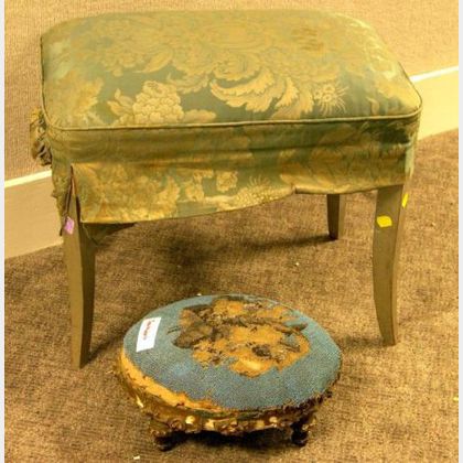 French-style Upholstered Silver Painted Stool and a Victorian Beaded Upholstered Giltwood Footstool. 