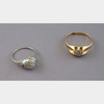 14kt Gold and Diamond Ring and an Art Deco 18kt White Gold and Diamond Cluster Ring