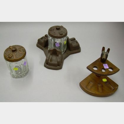 Painted Molded Composition and Colorless Glass Dogs and Easy Chair Figural Humidor and Pipe Rest Stand, a Cover... 