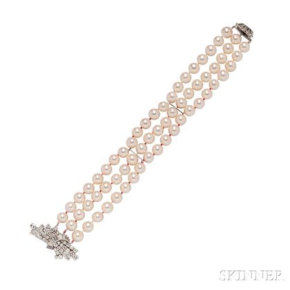 Platinum, Diamond, and Cultured Pearl Bracelet