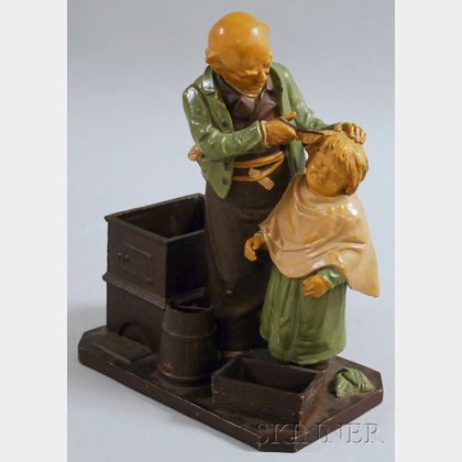European Painted Ceramic Barber and Boy Figural Group Tobacco Stand