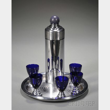 Seven-piece Chase Art Deco Chrome, Resin, and Cobalt Blue Glass Cocktail Set