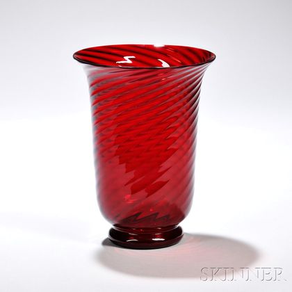 Steuben Selenium Red Swirled Glass Vase