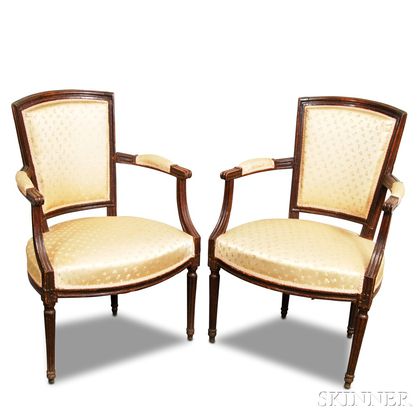 Pair of Louis XVI Carved Beechwood Upholstered Fauteuil