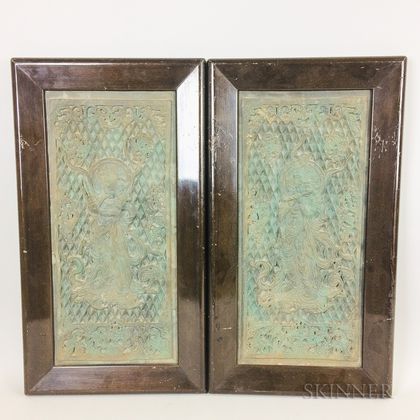Pair of Asian Framed and Carved Wood and Repousse Panels Depicting Musicians