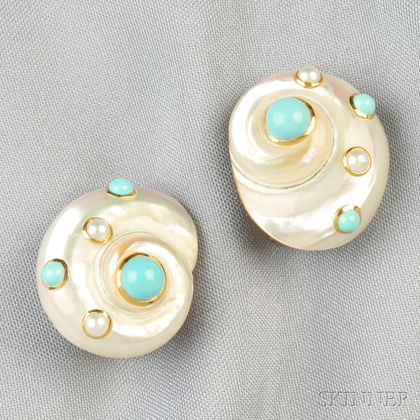 18kt Gold, Shell, Turquoise, and Pearl Earclips, Trianon